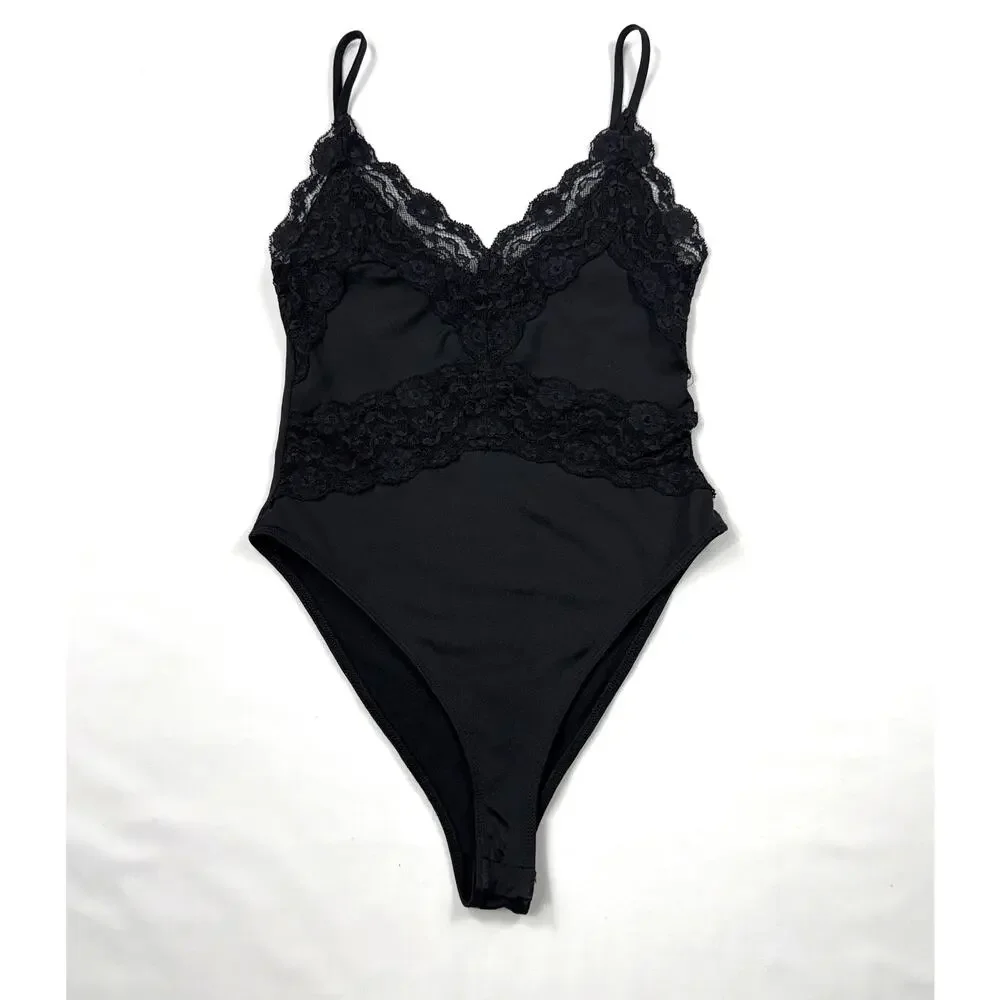 Zara Black Lace Trim Bodysuit Medium Lace Y2K